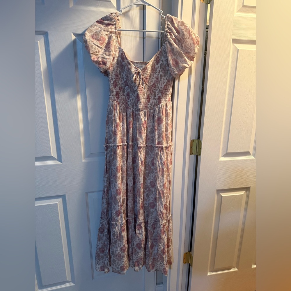 Altar'd State Dusty Rose Floral Puff-Sleeve Maxi Dress